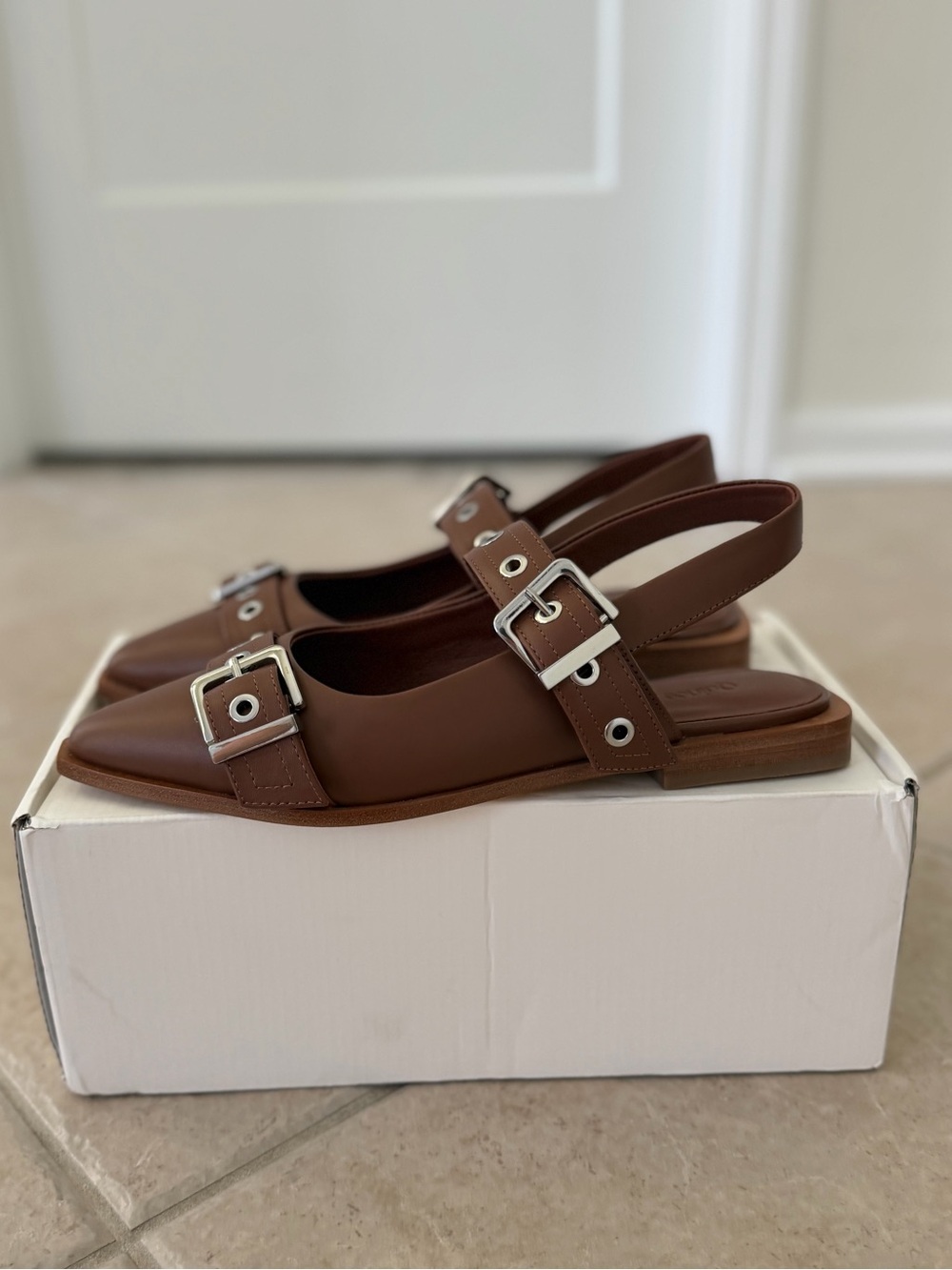 Italian Leather Bold Buckle Slingback Flat Cognac